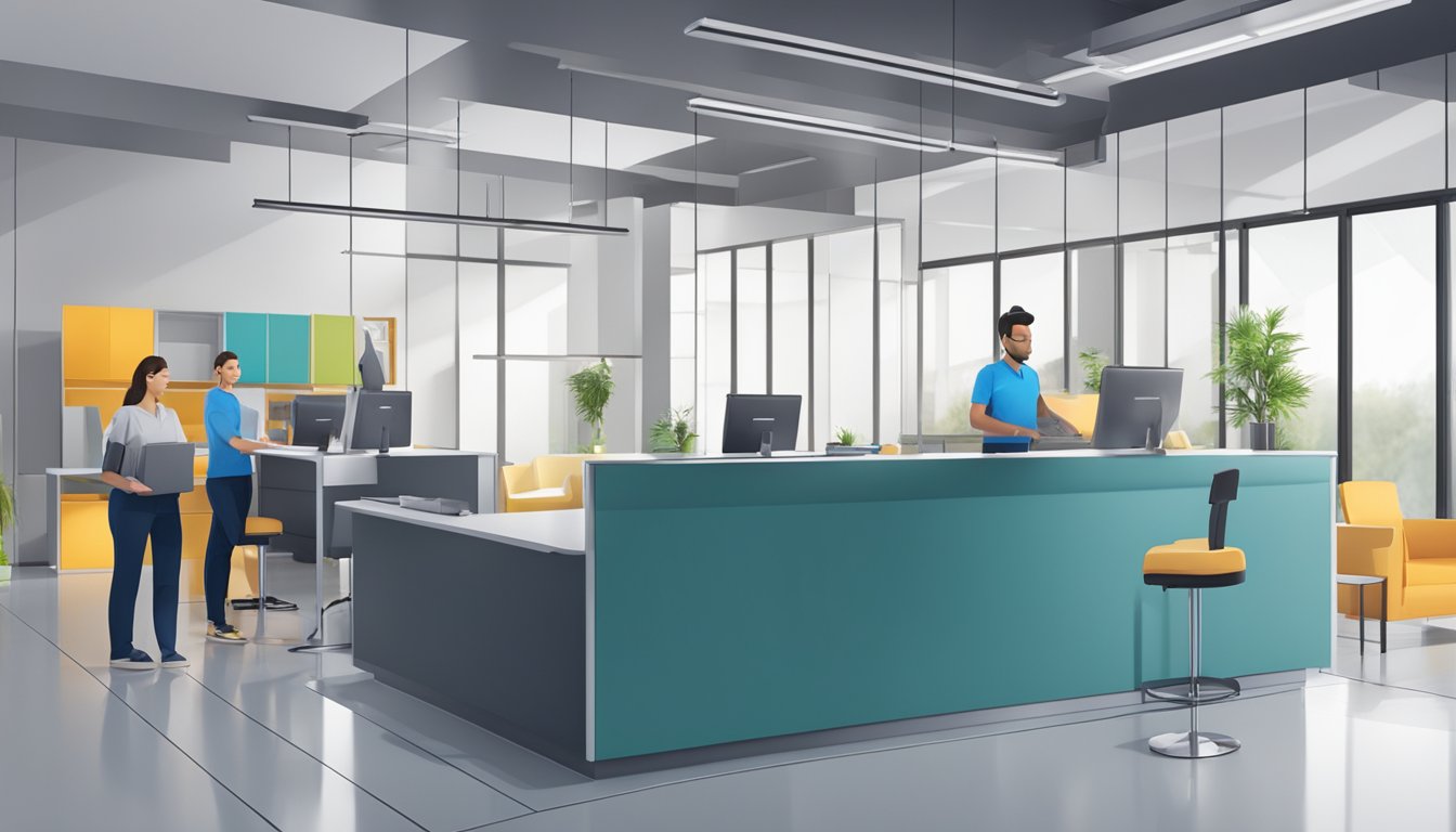 A sleek reception desk is being installed in a modern office space, surrounded by workers and tools