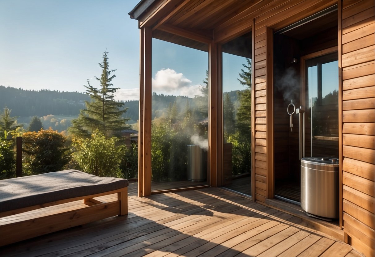 An outdoor sauna surrounded by lush greenery, with a wooden structure and a chimney releasing steam. A price tag or cost calculator displayed nearby