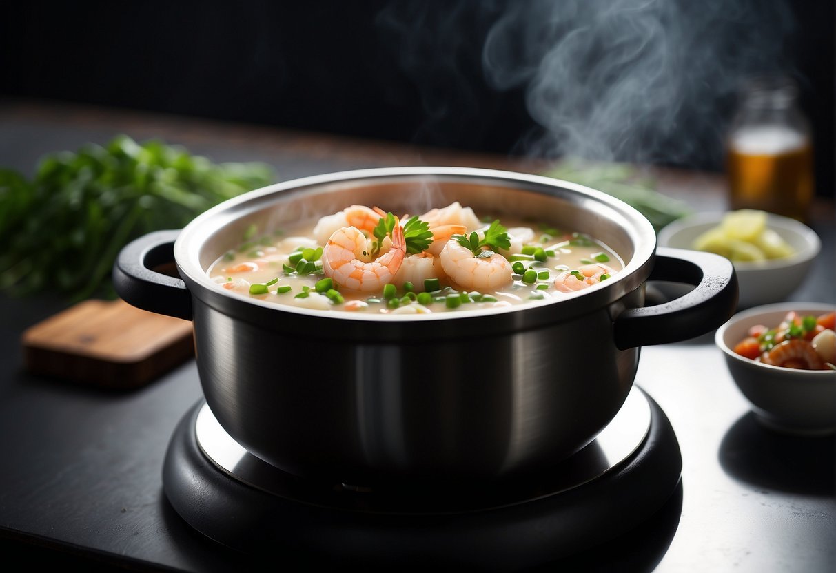 A steaming pot of seafood porridge simmers on a stovetop. Shrimp, scallops, and fish are visible in the thick, savory broth. Chopped green onions and cilantro garnish the dish