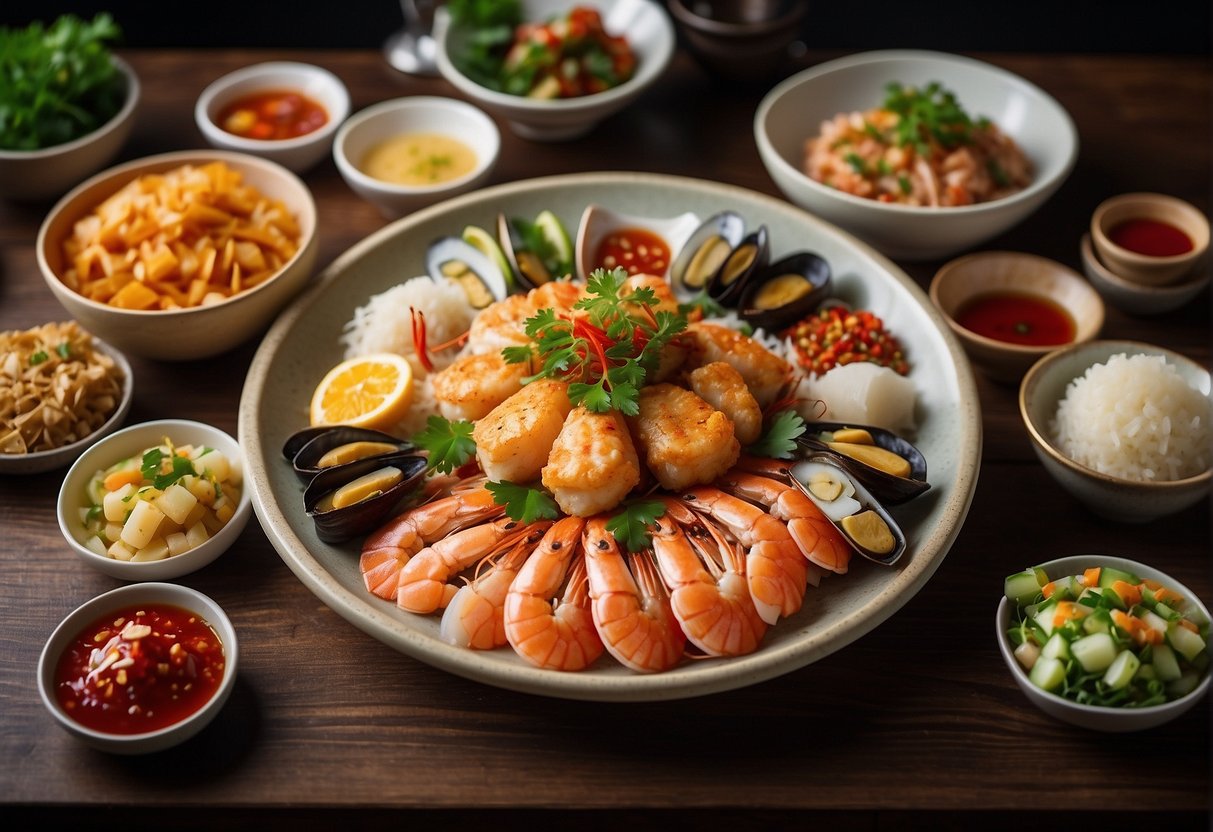 A table set with various Chinese-style seafood dishes, including whole fish, crab, shrimp, and scallops, surrounded by traditional condiments and garnishes