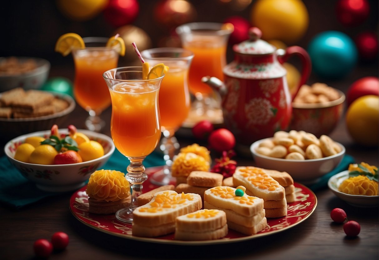 A table adorned with colorful festive beverages and sweet desserts, showcasing the vibrant flavors and joyful spirit of a Chinese New Year party