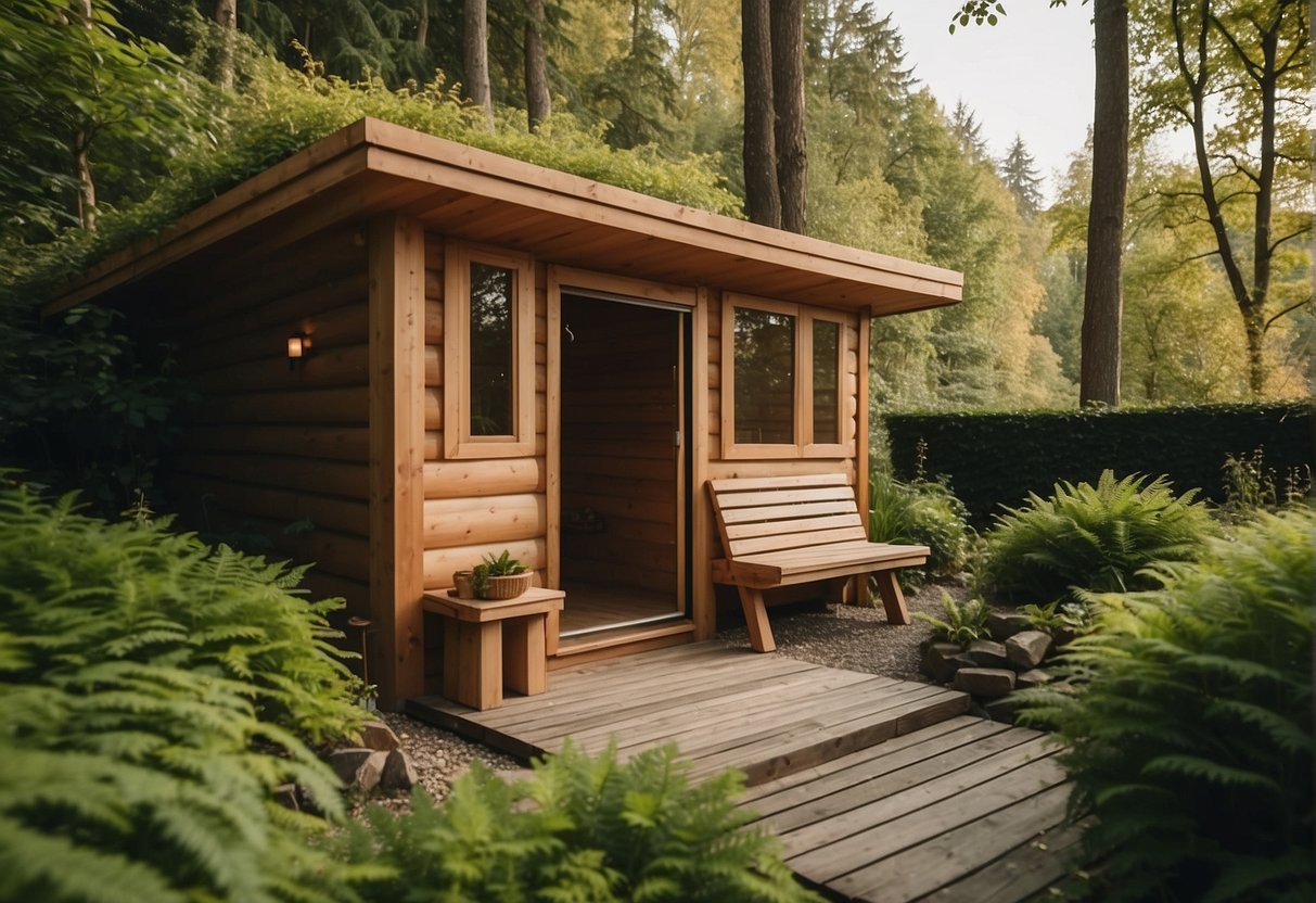 An outdoor sauna surrounded by lush greenery and wood accents. A small pathway leads to the entrance, with a stack of firewood nearby