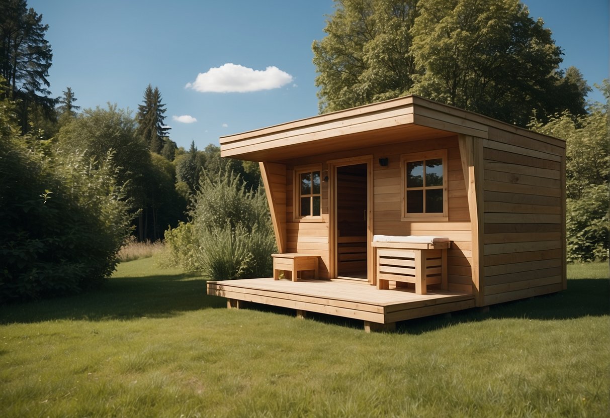 A serene outdoor setting with a traditional sauna cabin surrounded by lush greenery and a clear blue sky, showcasing the benefits of relaxation and wellness