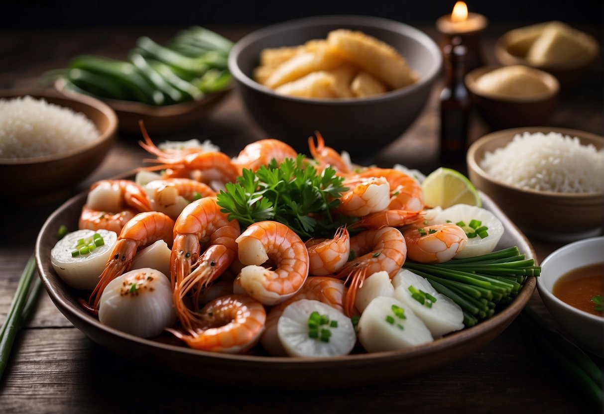 A table filled with fresh seafood, ginger, garlic, soy sauce, and green onions for Chinese seafood dishes