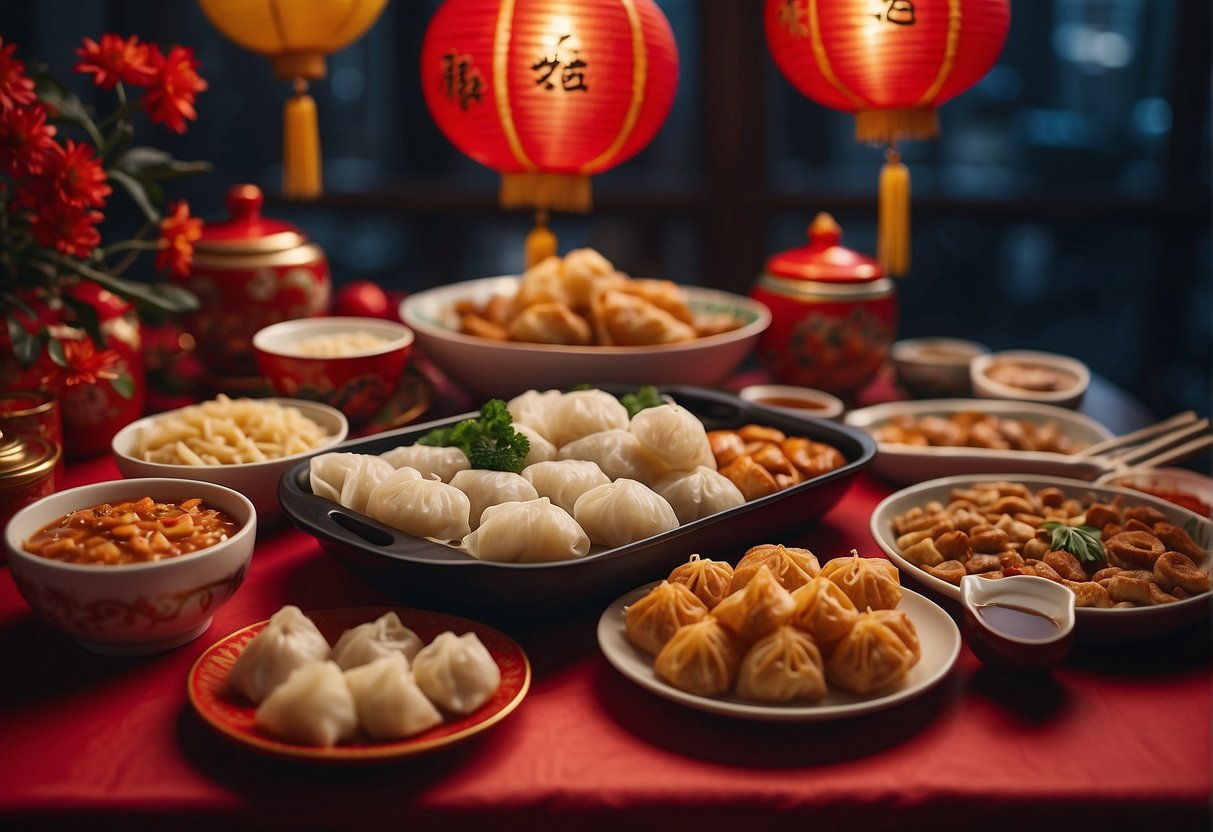 A table filled with traditional Chinese New Year party food, including dumplings, spring rolls, noodles, and various desserts, is surrounded by festive decorations and red lanterns