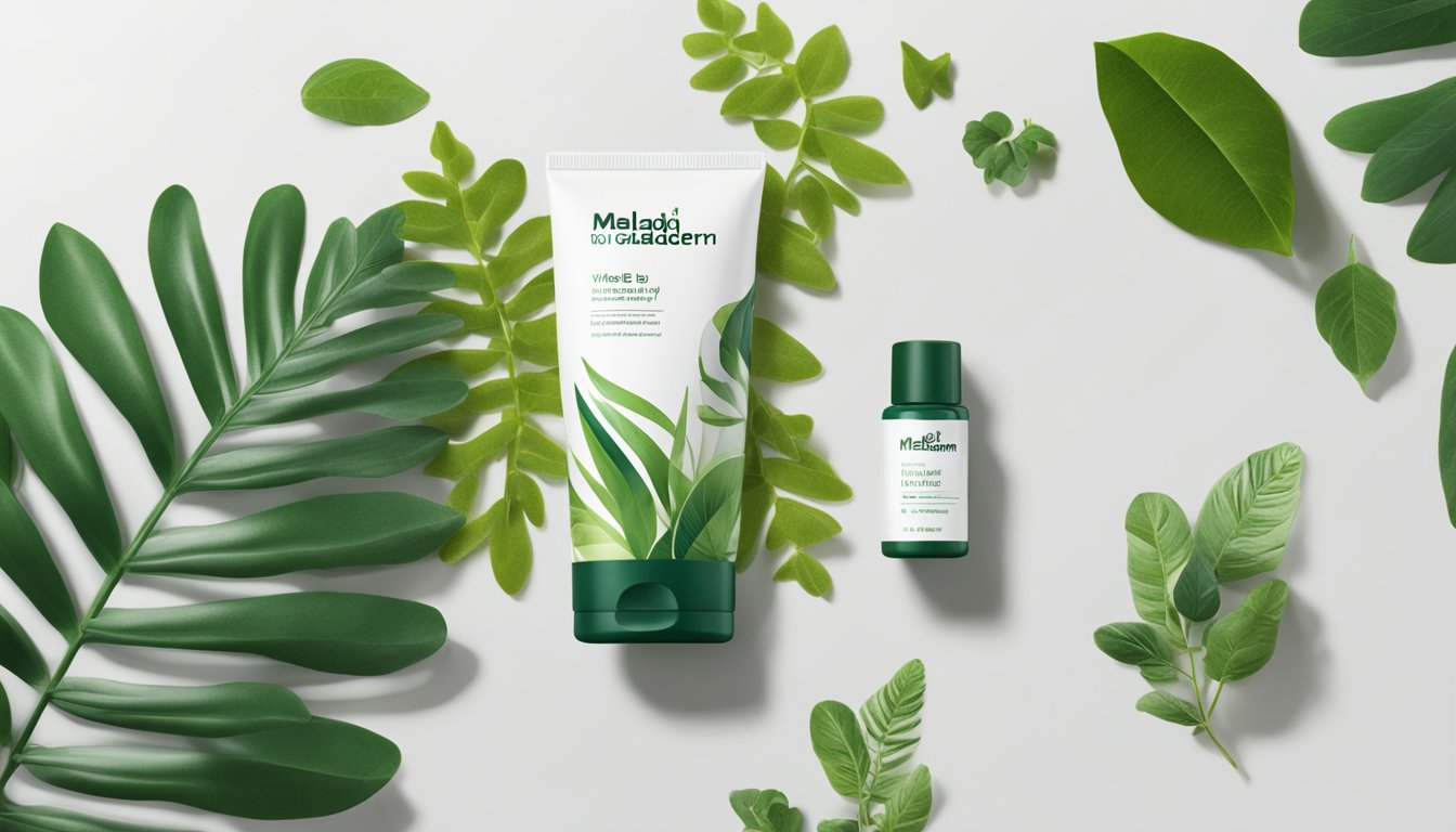 Meladerm product on a clean, white surface with a backdrop of green botanical leaves. Text "Where to buy Meladerm in Singapore" displayed prominently