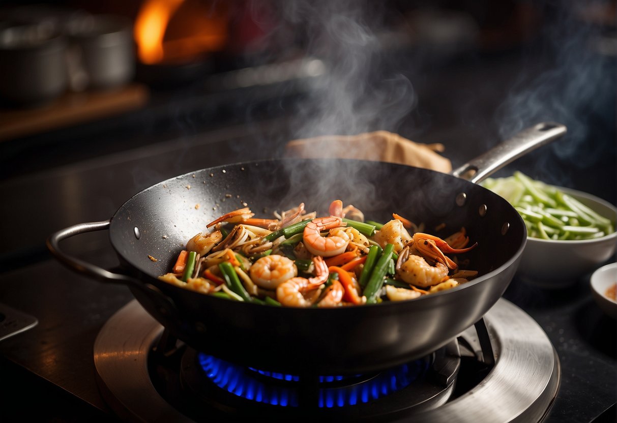 A wok sizzles over a high flame, tossing stir-fried seafood in a fragrant Chinese sauce. Cleavers and bamboo steamers line the counter, while a mortar and pestle crush spices nearby