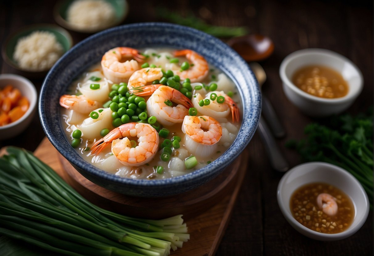 A pot of bubbling seafood porridge with shrimp, scallops, and fish, surrounded by bowls of chopped green onions, ginger, and soy sauce