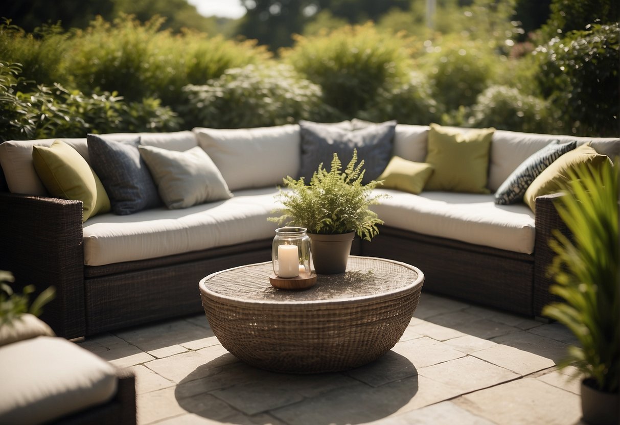 A cozy outdoor patio with high-quality, luxurious cushions arranged on comfortable furniture, surrounded by lush greenery and basking in the warm sunlight