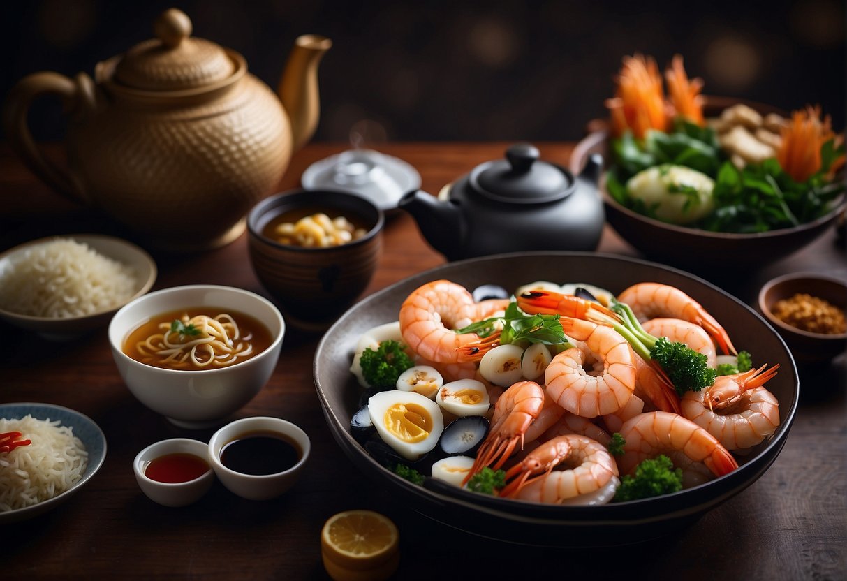 A table spread with various Chinese seafood dishes, surrounded by chopsticks and a teapot