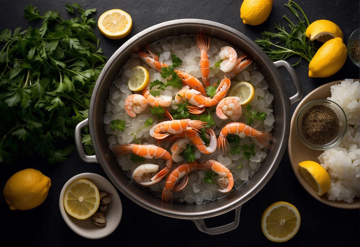 Fresh seafood being washed, chopped, and set aside. Rice simmering in flavorful broth. Aromatic herbs and spices being added