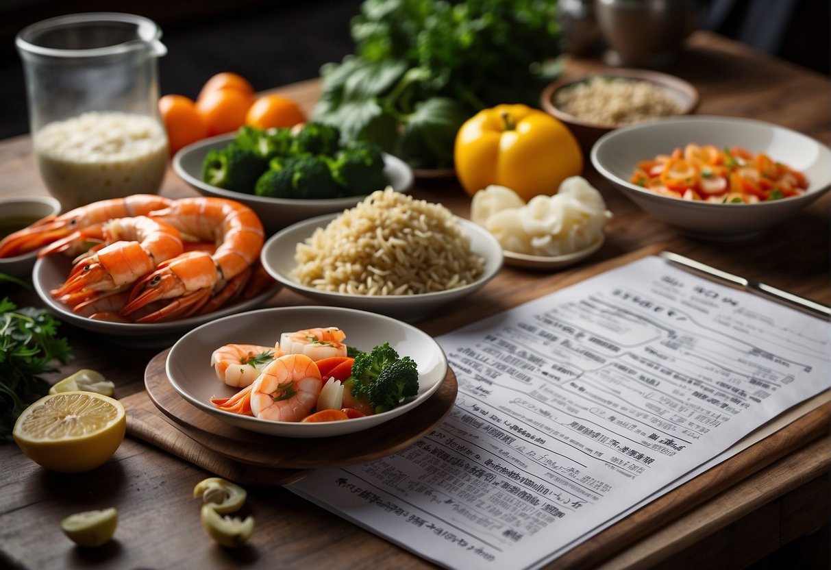 A table displaying nutritional info for Chinese-style seafood recipes. Ingredients and dietary considerations are highlighted