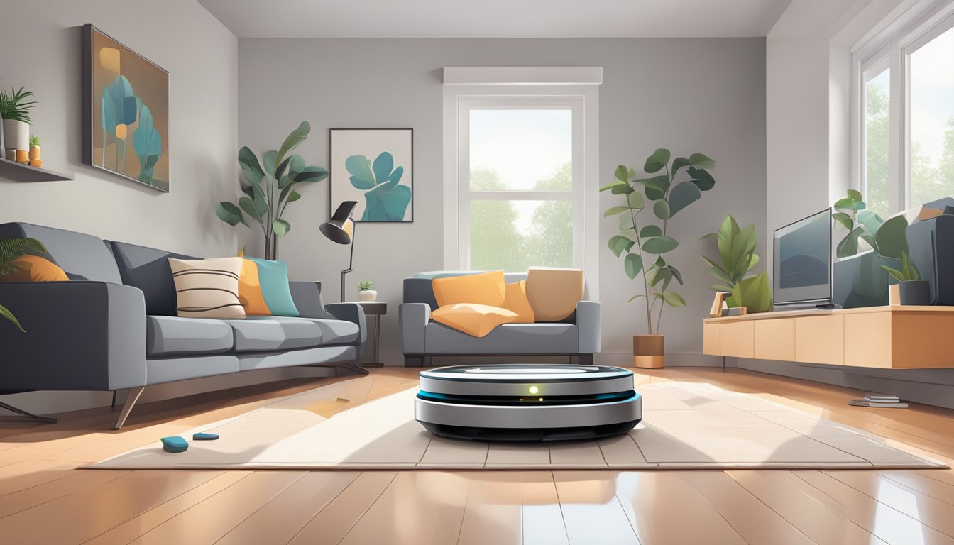 iRobot vacuuming robot in a modern, clutter-free living room, with sleek furniture and a clean floor. Online shopping website on a tablet or laptop
