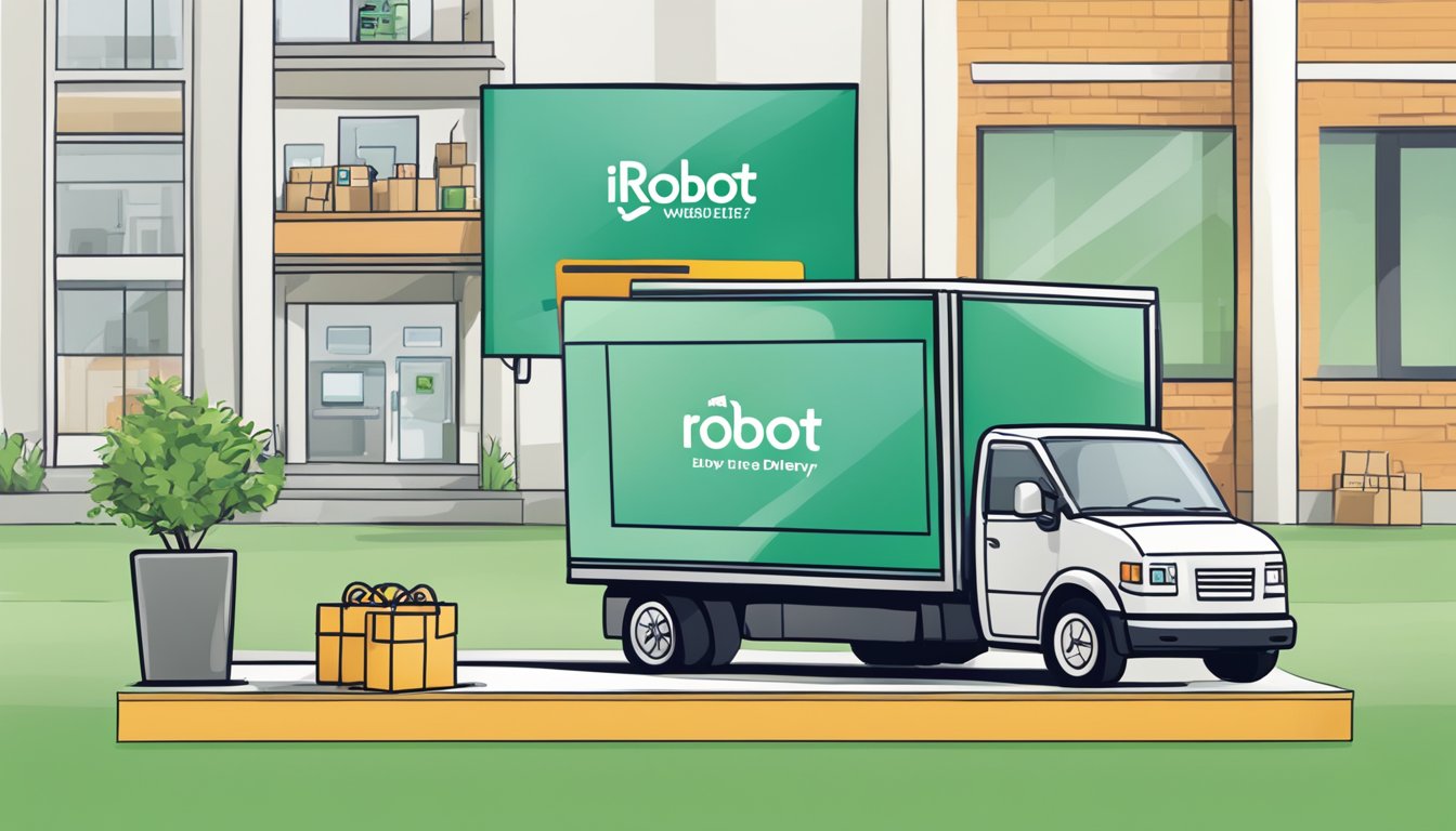 A computer screen displaying the iRobot website with a "buy now" button highlighted, a credit card nearby, and a delivery truck in the background