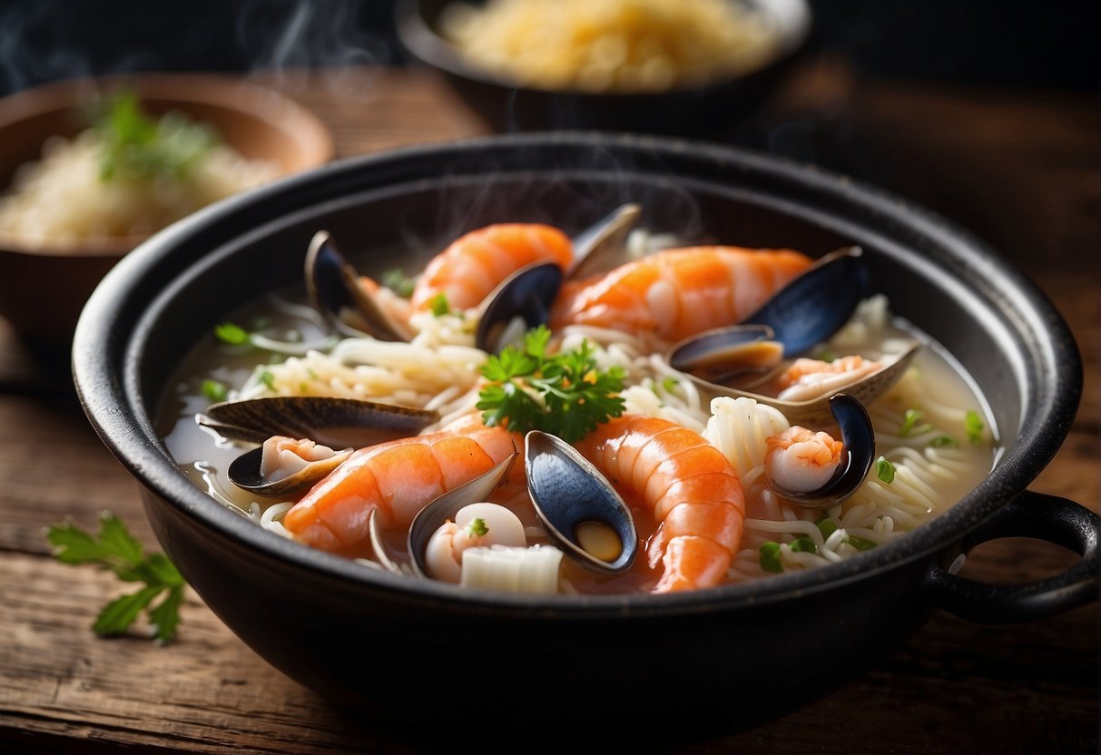 Fresh seafood, rice, and aromatic broth simmer in a pot. Steam rises as the chef adds seasoning. A bowl of steaming seafood porridge sits on a wooden table