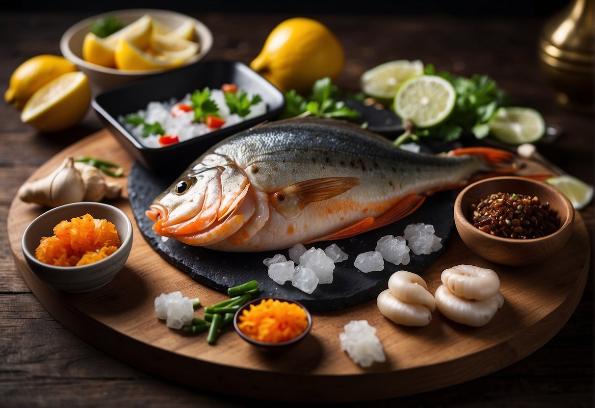 Fresh seafood arranged on ice, surrounded by traditional Chinese cooking ingredients like ginger, garlic, and soy sauce. A chef's knife and cutting board are nearby