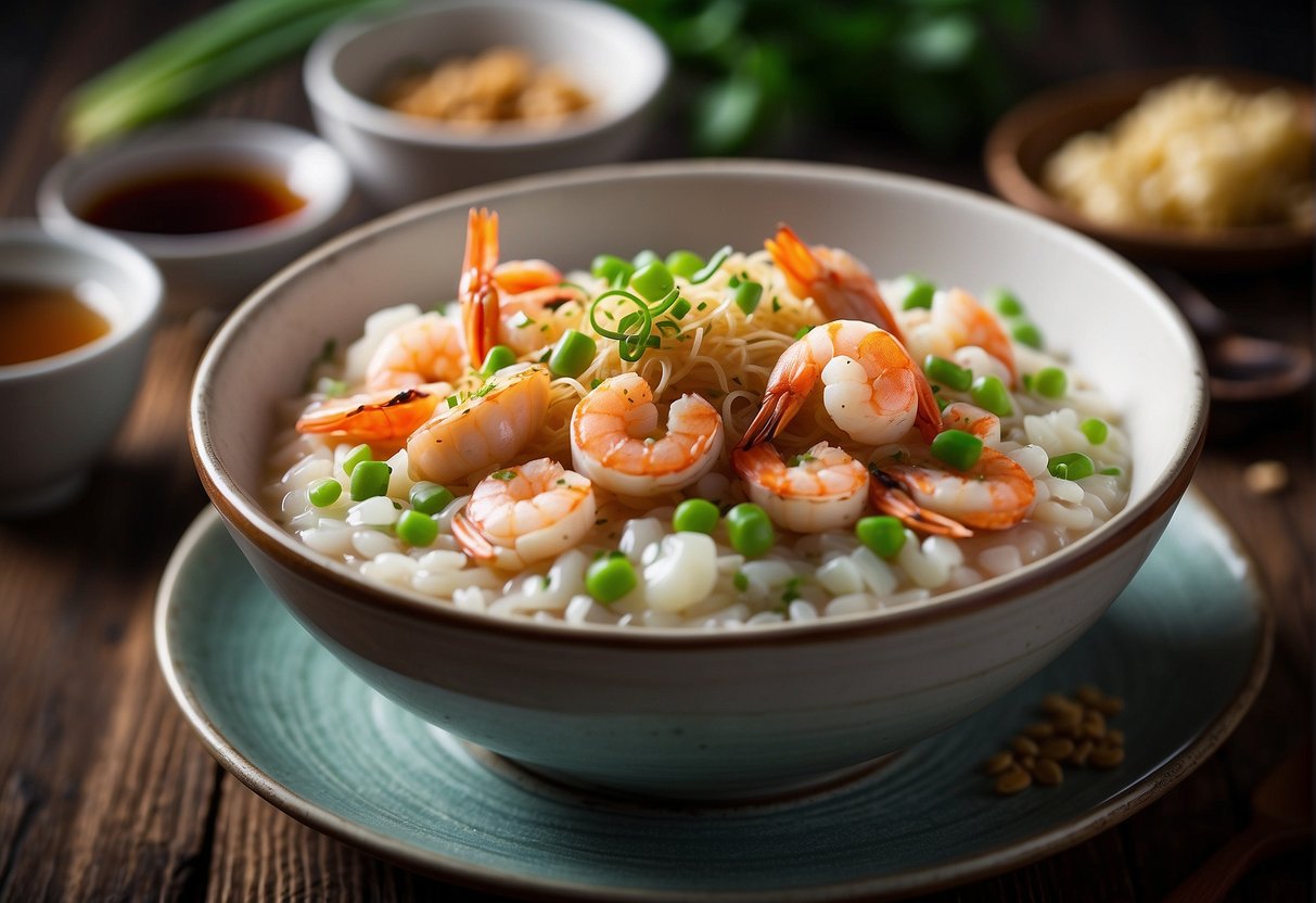 A steaming bowl of seafood porridge sits on a rustic wooden table, surrounded by small dishes of soy sauce, sliced green onions, and crispy fried shallots