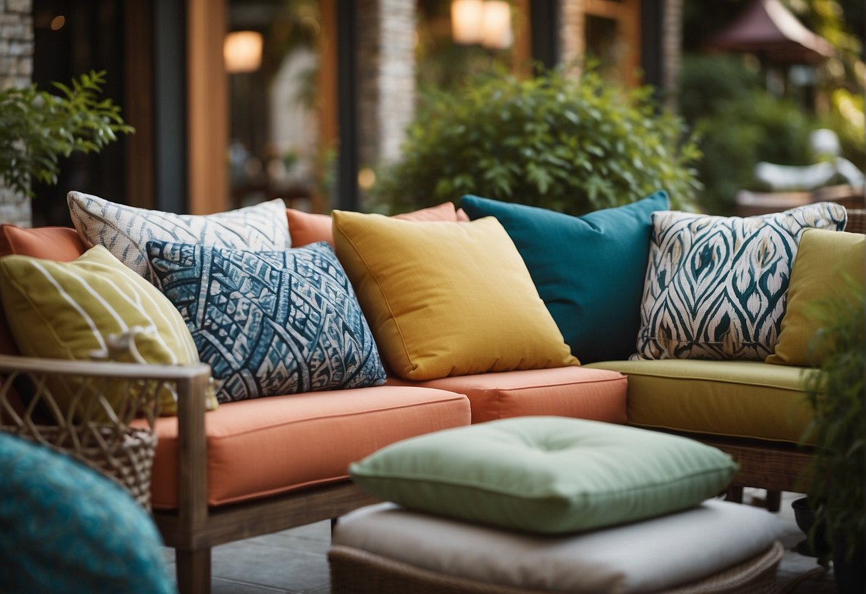 Colorful outdoor cushions displayed in a high-end outdoor furniture store, surrounded by elegant patio sets and lush greenery. A price tag prominently shows a high price, reflecting the brand reputation and marketing strategy