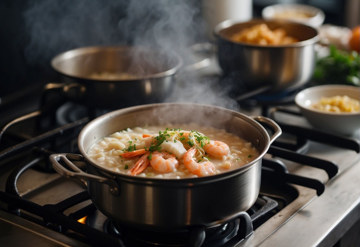 A pot of seafood porridge sits on a stove. Steam rises from the bubbling mixture as a spoon stirs the contents. Nearby, containers of leftover porridge are being reheated in a microwave