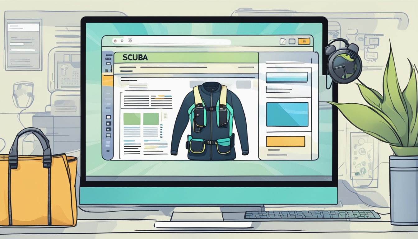 A computer screen displaying a website with scuba gear for sale. Credit card and shipping information entered