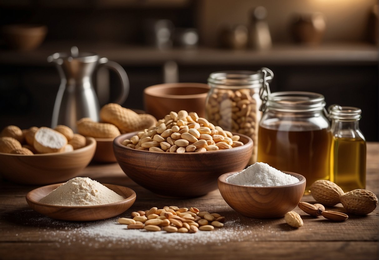 A table filled with ingredients like peanuts, flour, sugar, and oil. A mixing bowl, rolling pin, and pastry cutter sit nearby