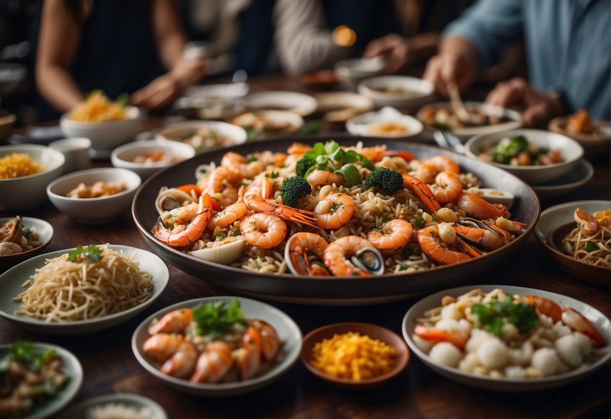 A table spread with various Chinese-style seafood dishes, surrounded by eager diners with chopsticks in hand