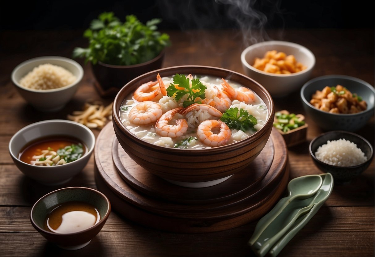 A steaming bowl of Chinese seafood porridge sits on a wooden table, surrounded by small dishes of condiments and chopsticks