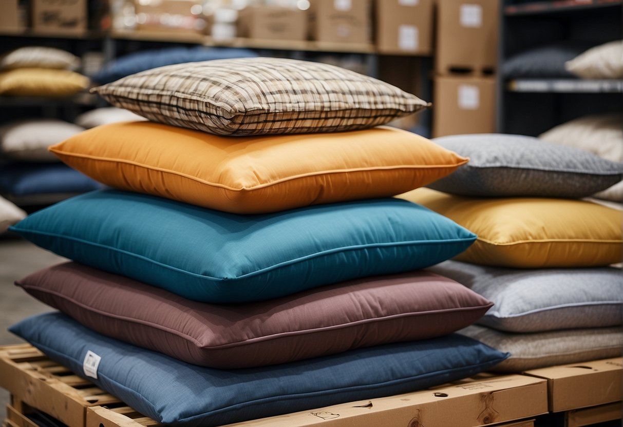 A pile of outdoor cushions displayed in a retail store, surrounded by various distribution and shipping materials. The price tag prominently shows a high cost