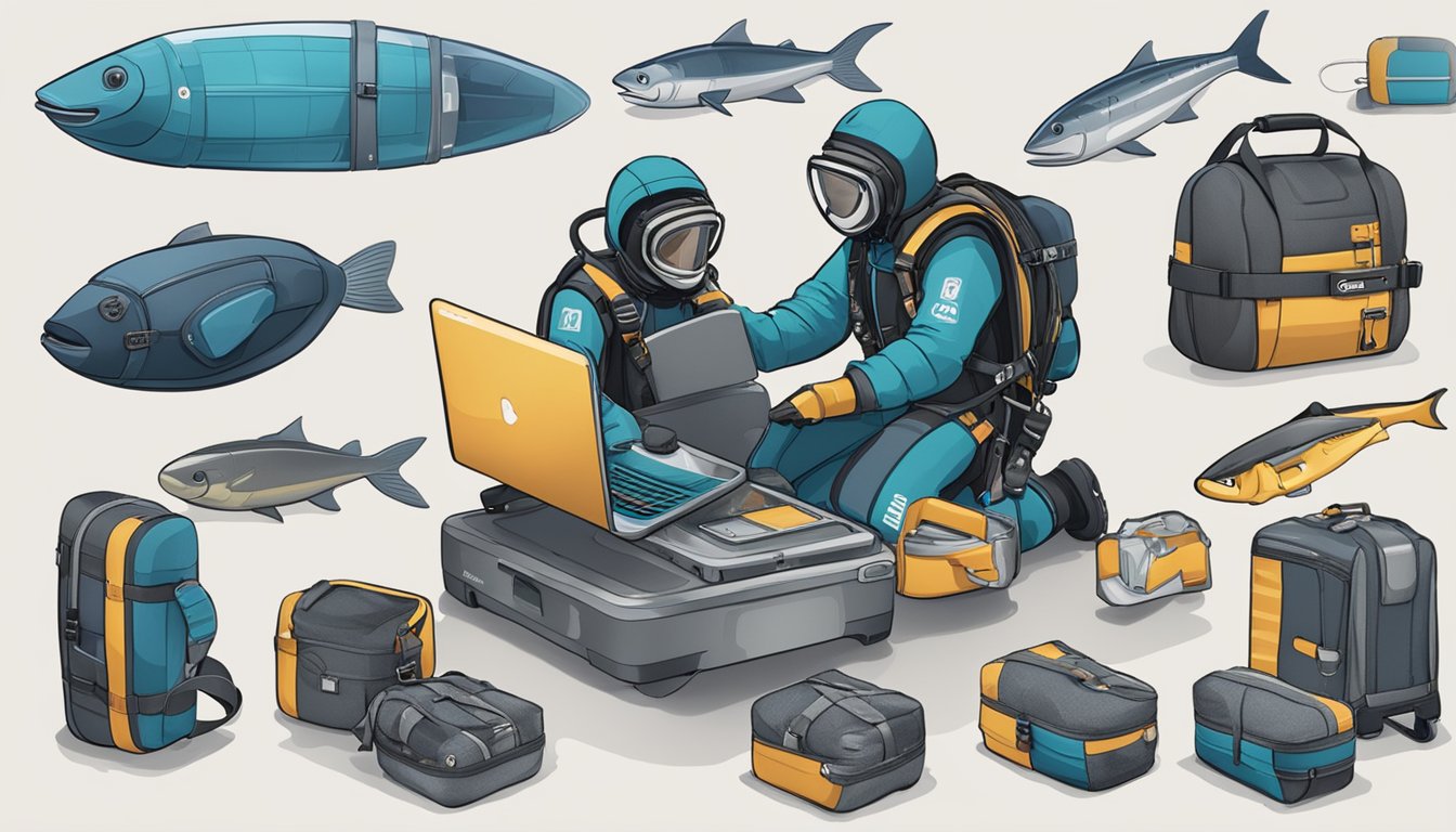 A person browsing scuba gear online, adding items to a cart, and completing a purchase. The gear arrives in a package, and the person unpacks and inspects the new equipment