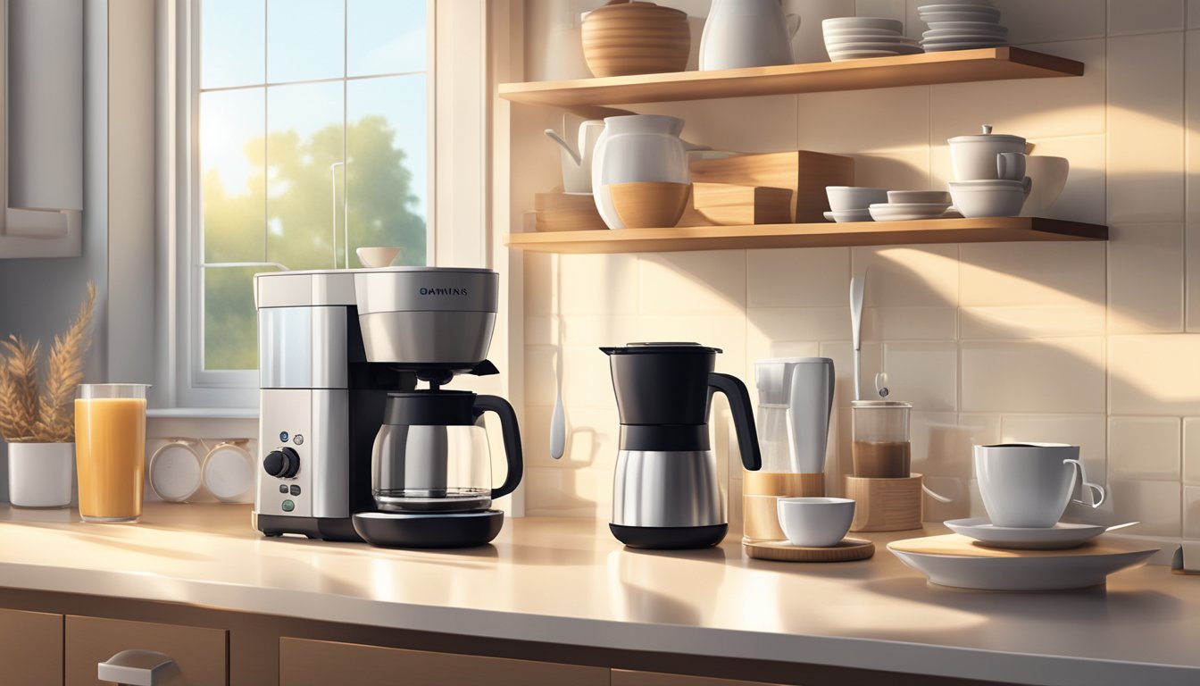 A modern kitchen with a sleek countertop, a milk frother, and a shelf of various coffee accessories. Bright natural light streams in from a nearby window, casting a warm glow over the scene