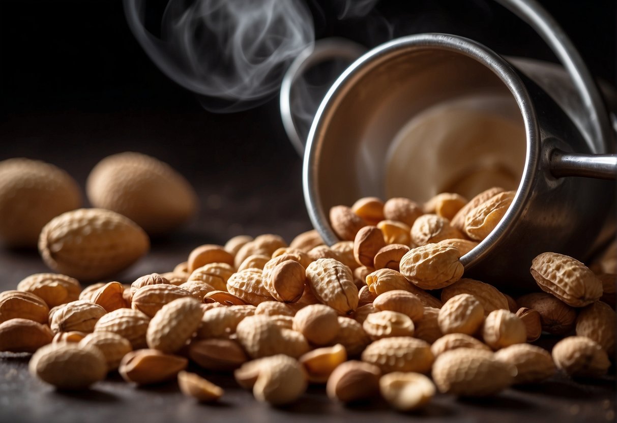 A bowl of roasted peanuts being crushed into a fine powder, while a mixture of sugar and butter is being heated in a saucepan