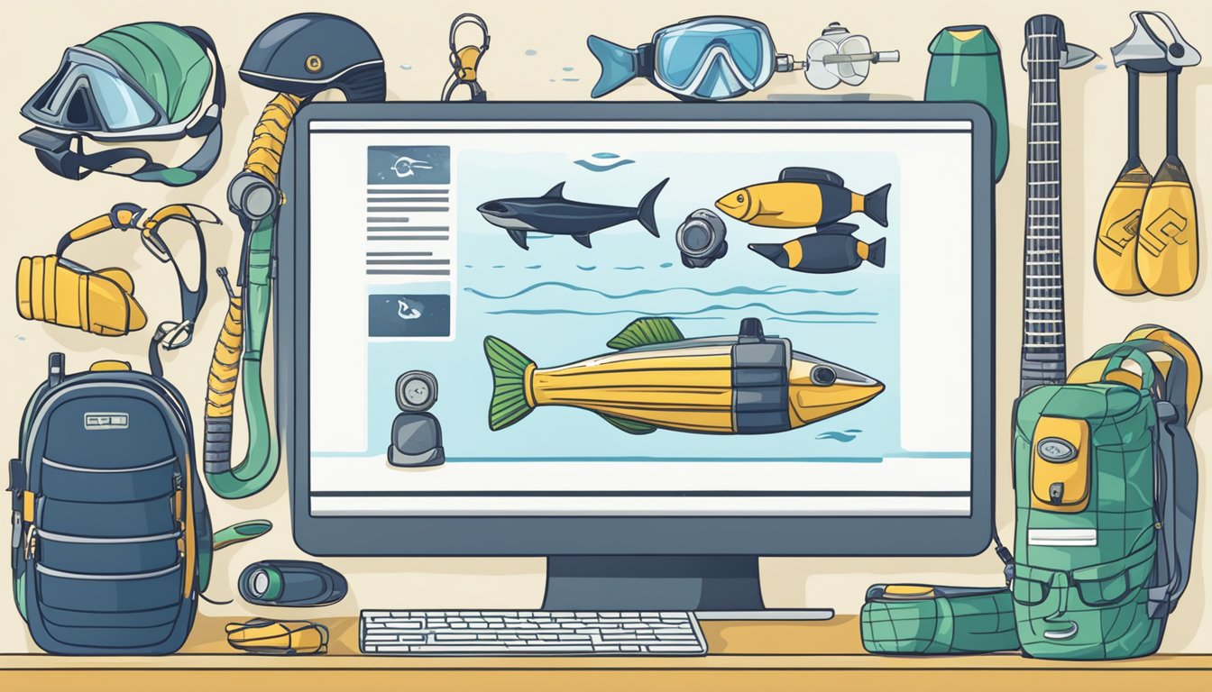 A computer screen displaying a webpage with the title "Frequently Asked Questions buy scuba gear online" surrounded by various scuba diving equipment such as masks, fins, and tanks