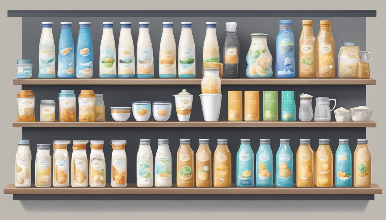 A variety of milk frothers displayed on shelves in a Singaporean kitchenware store, with price tags and product descriptions visible
