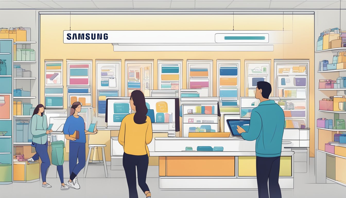 Customers browsing through a variety of Samsung products online, with a prominent "Frequently Asked Questions" section displayed on the screen
