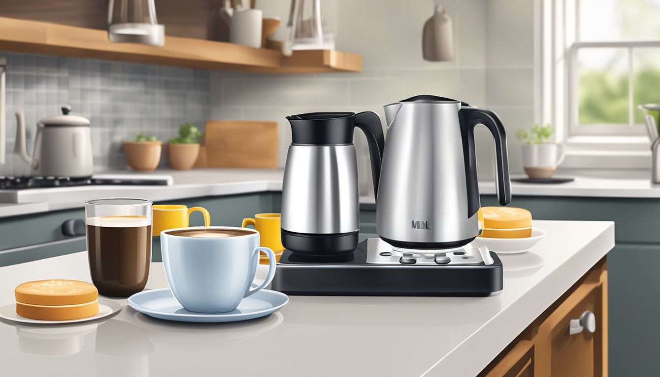 A kitchen countertop with a milk frother, a jug of milk, and a stack of clean mugs