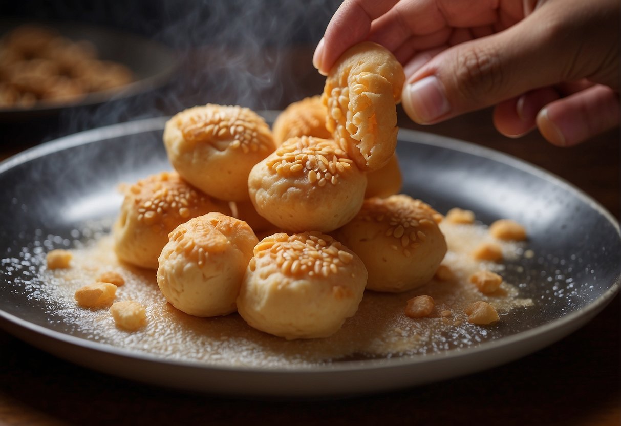 Peanut puff dough being shaped and fried in hot oil for Chinese New Year recipe