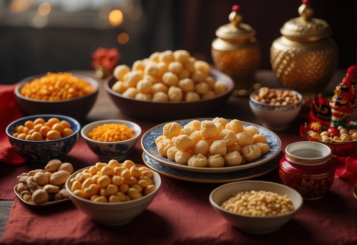 A table with a plate of Chinese New Year peanut puffs, surrounded by jars of ingredients and utensils for serving and storage
