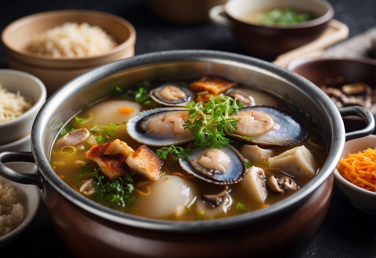 A large pot filled with layers of rich, colorful ingredients: abalone, sea cucumber, pork belly, mushrooms, and other delicacies, all simmering in a fragrant, savory broth