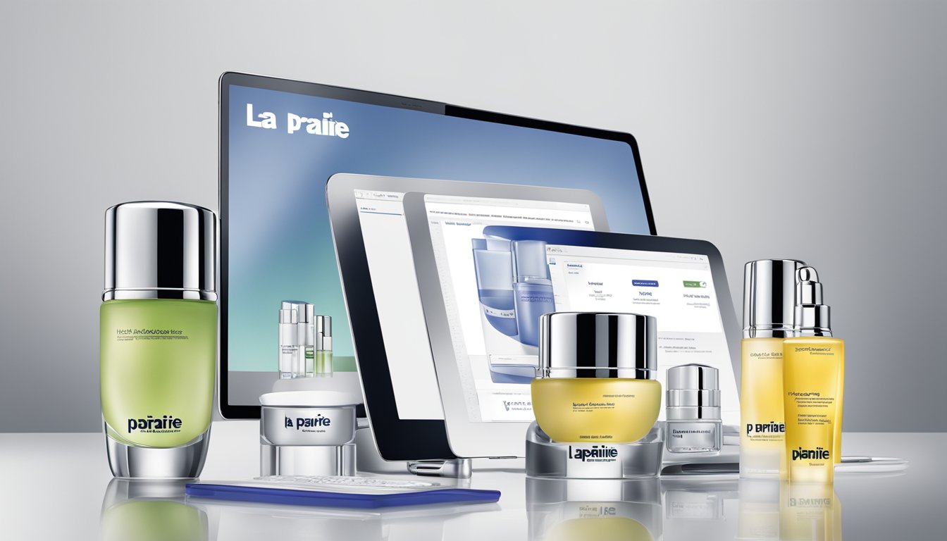 A computer screen displays the La Prairie website with products available for online purchase