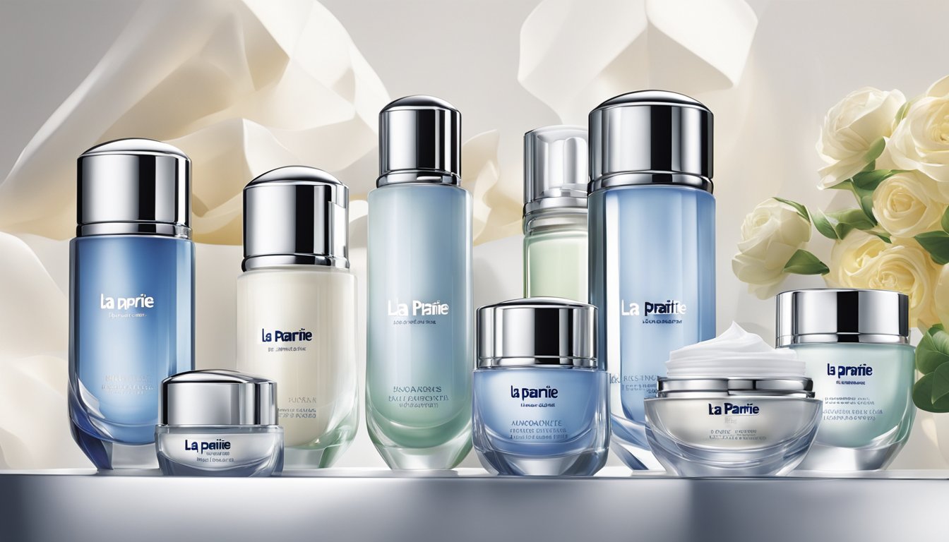 A luxurious display of La Prairie's skincare products, arranged elegantly with the brand's logo prominently featured. Rich colors and sleek packaging convey a sense of opulence