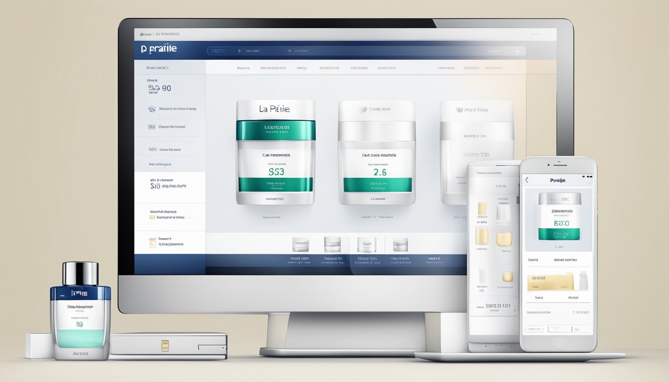 A computer screen shows a sleek online shopping interface for La Prairie products, with easy navigation and a secure checkout process