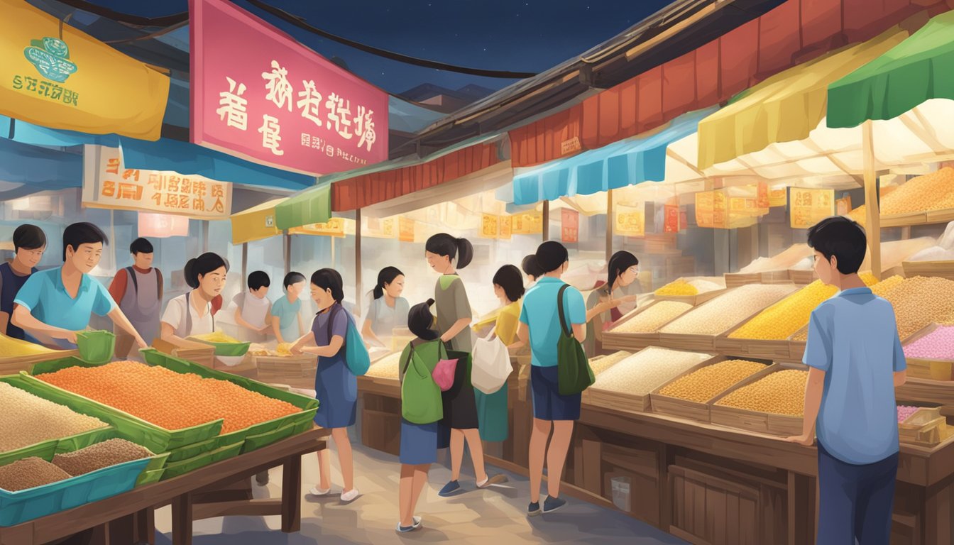 A bustling Singaporean market stall sells mochiko sweet rice flour in colorful packaging
