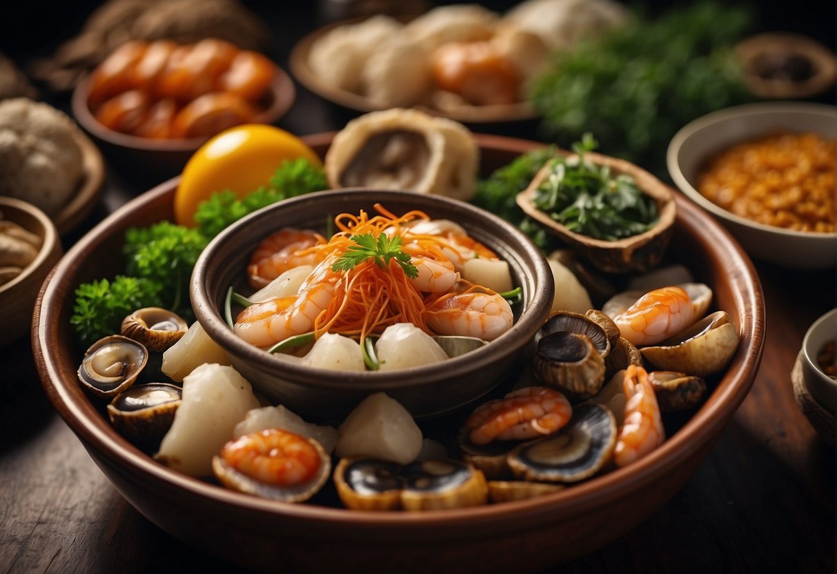 A lavish spread of Pen Cai ingredients: abalone, sea cucumber, prawns, mushrooms, and other delicacies arranged in a large pot, symbolizing wealth and abundance for Chinese New Year