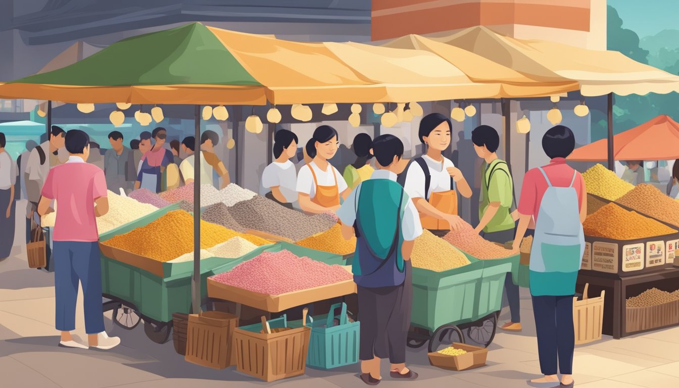 A bustling Singaporean marketplace with colorful stalls selling various types of flour, including Mochiko sweet rice flour, neatly displayed in bags