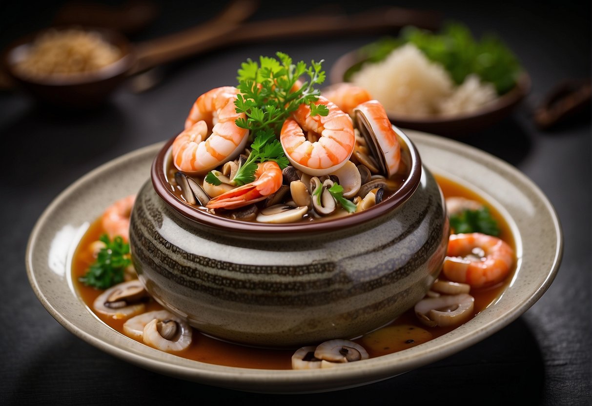A large traditional Chinese pot filled with layers of abalone, sea cucumber, prawns, mushrooms, and other premium ingredients, topped with a rich and savory sauce