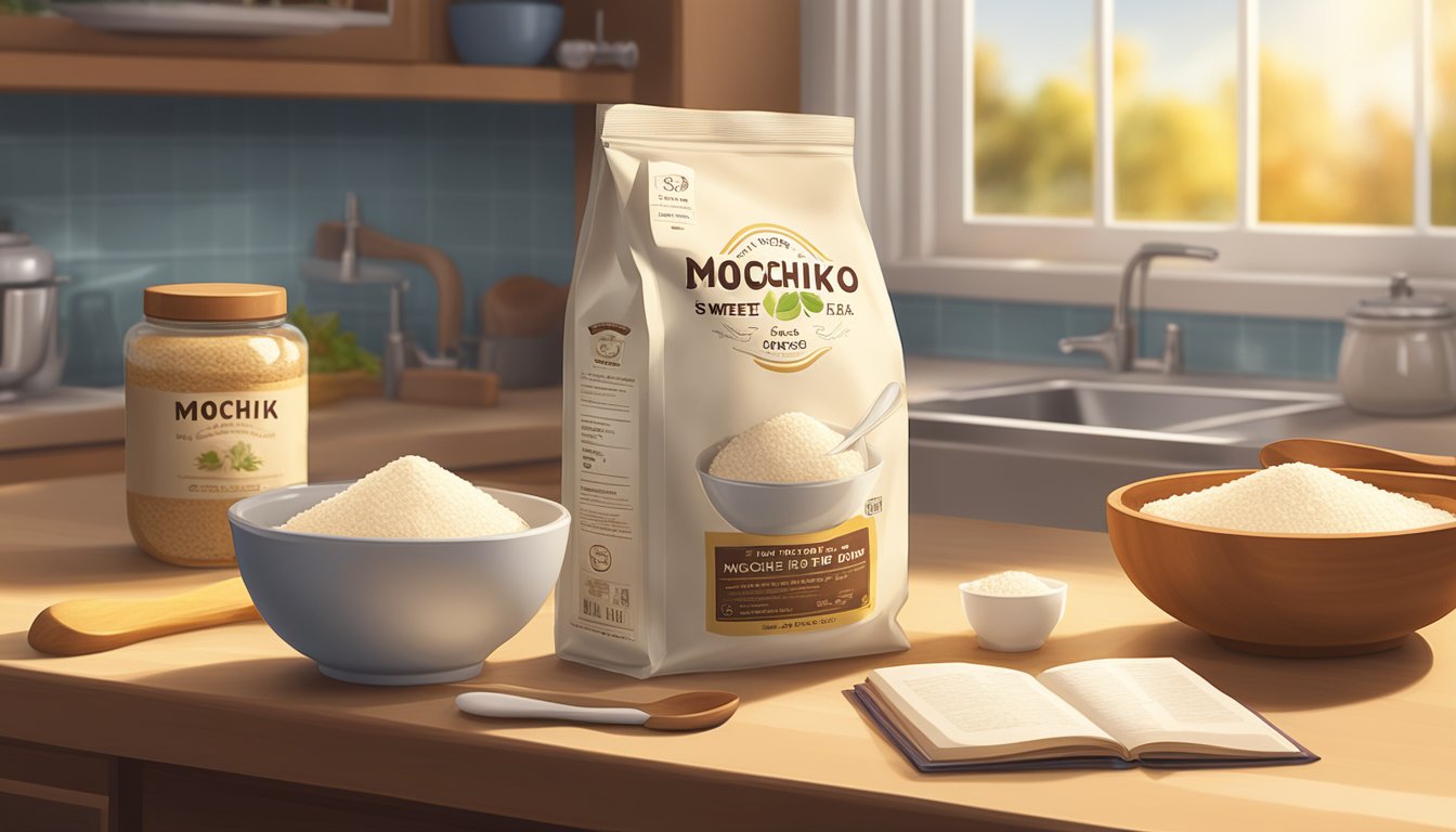 A bag of Mochiko Sweet Rice Flour sits on a kitchen counter next to a recipe book, measuring cups, and a wooden spoon. The sunlight streams in through the window, casting a warm glow on the ingredients