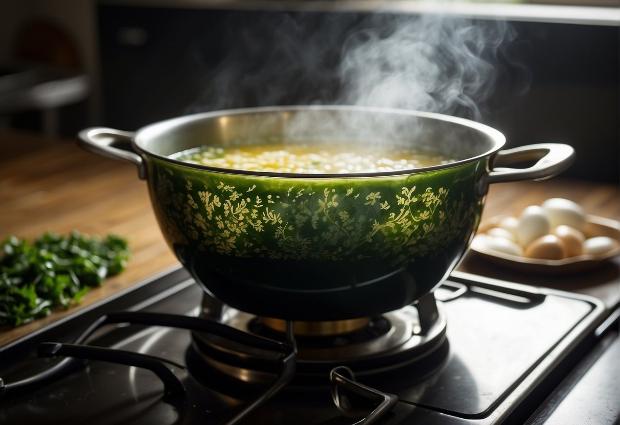 A pot of seaweed egg soup simmers on a stove, steam rising. A sprinkle of green seaweed floats on the surface, while beaten eggs create delicate ribbons throughout