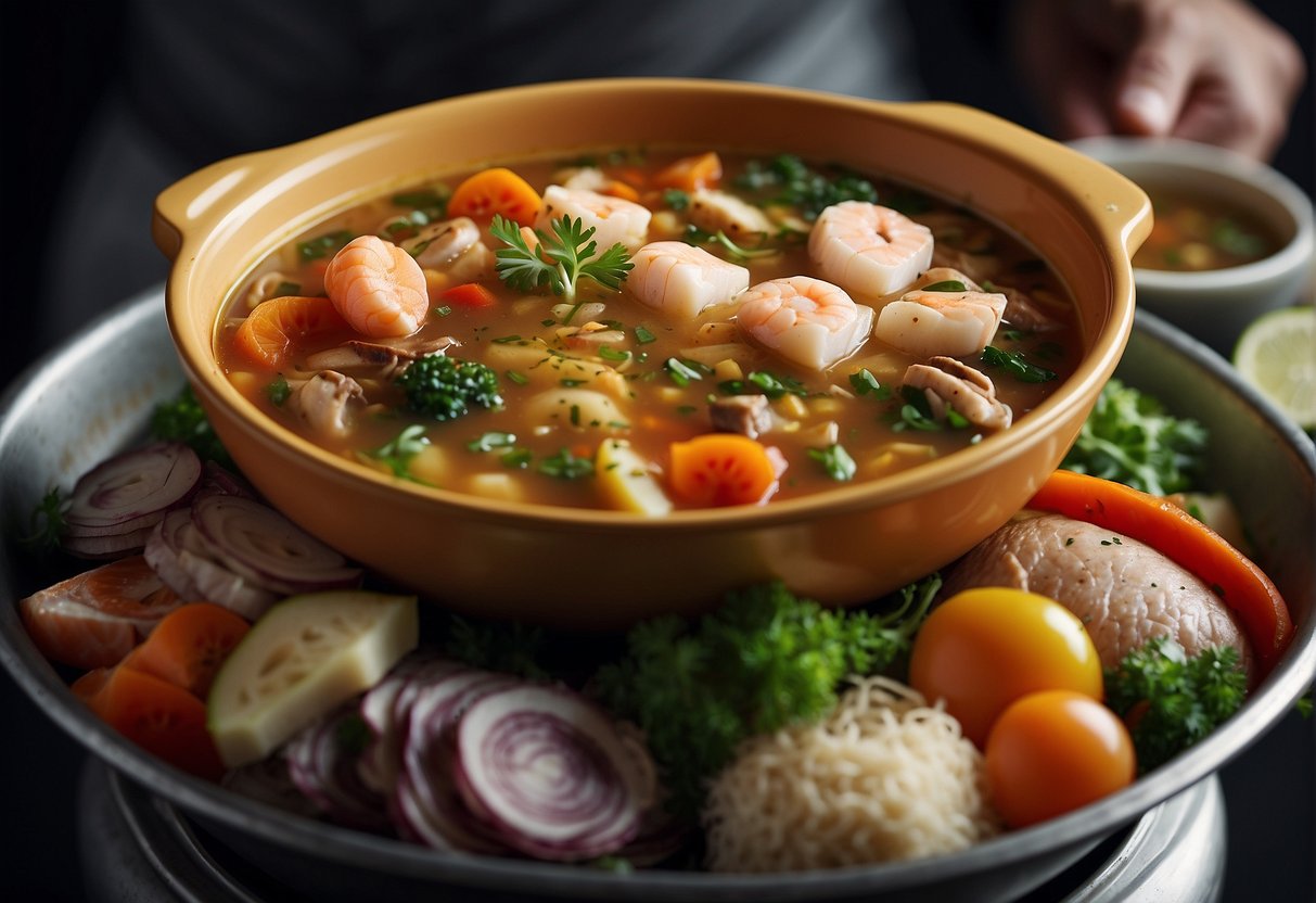 A large pot filled with layers of colorful ingredients, including meat, seafood, and vegetables, simmering in a rich and savory broth