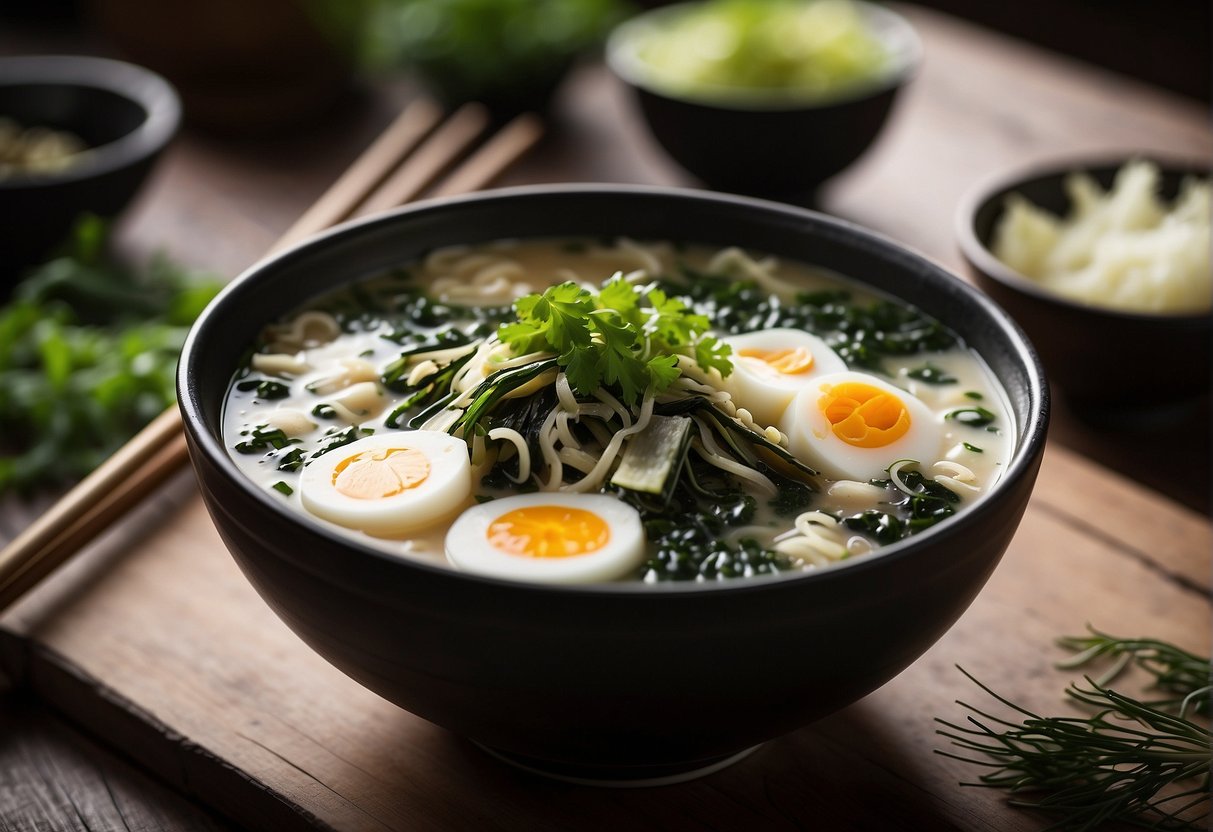A steaming bowl of Chinese seaweed egg soup sits on a wooden table, surrounded by strands of seaweed and a pair of chopsticks