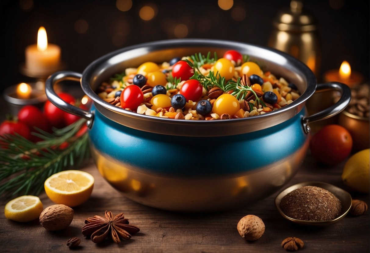 A large pot filled with layers of colorful and aromatic ingredients, surrounded by festive red and gold decorations